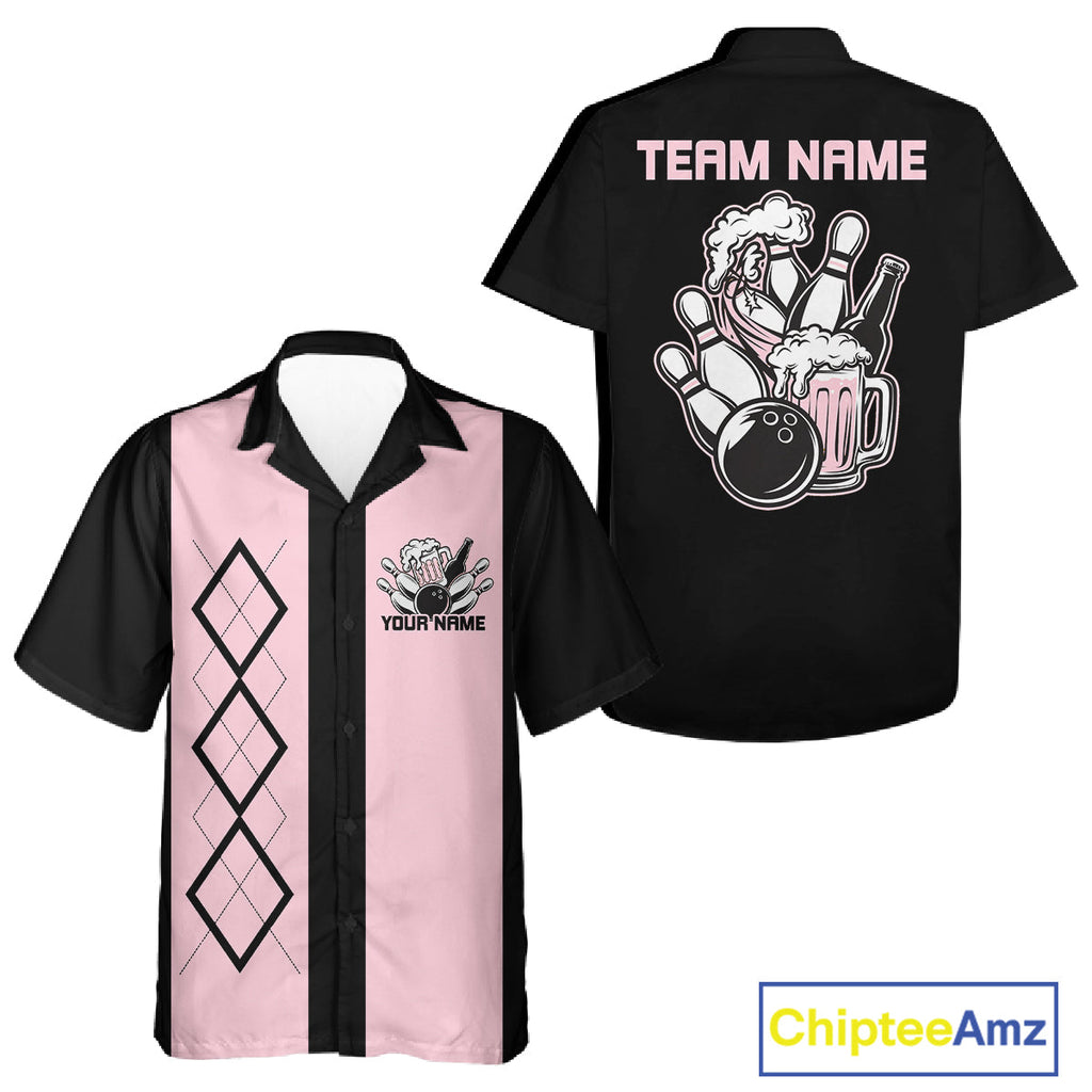 Custom Retro Bowling And Beerteam Shirt, Matching Bowling League Button Up Shirt