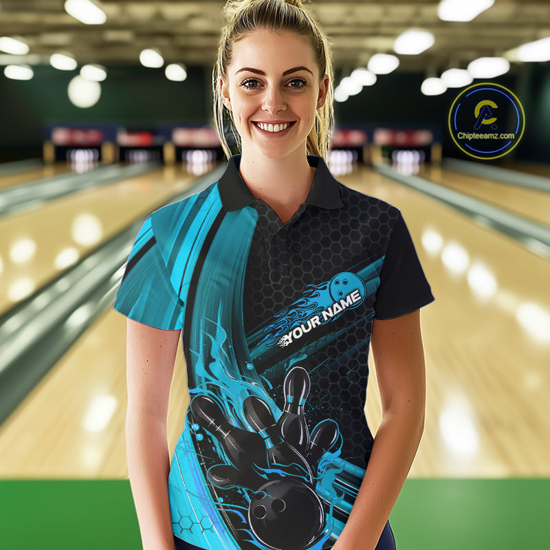 Custom Black And Blue Flame Bowling Jerseys, Bowling Team Polo Shirts
