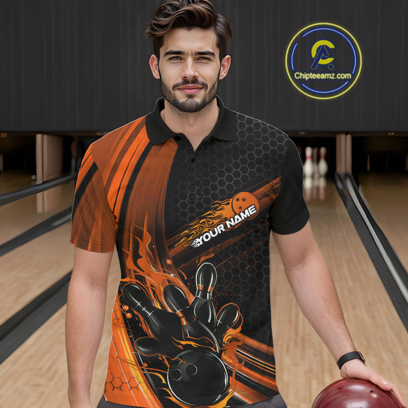 Custom Black And Orange Flame Bowling Jerseys, Bowling Team Polo Shirts