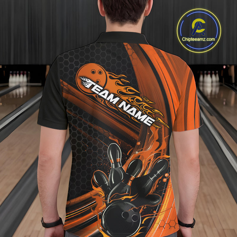 Custom Black And Orange Flame Bowling Jerseys, Bowling Team Polo Shirts