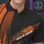 Custom Black And Orange Flame Bowling Jerseys, Bowling Team Polo Shirts