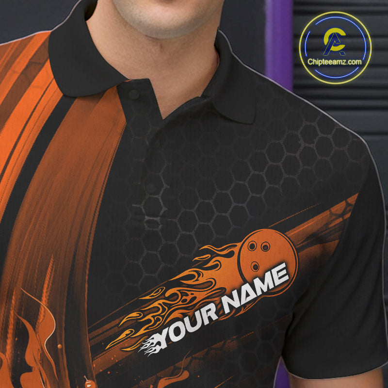 Custom Black And Orange Flame Bowling Jerseys, Bowling Team Polo Shirts