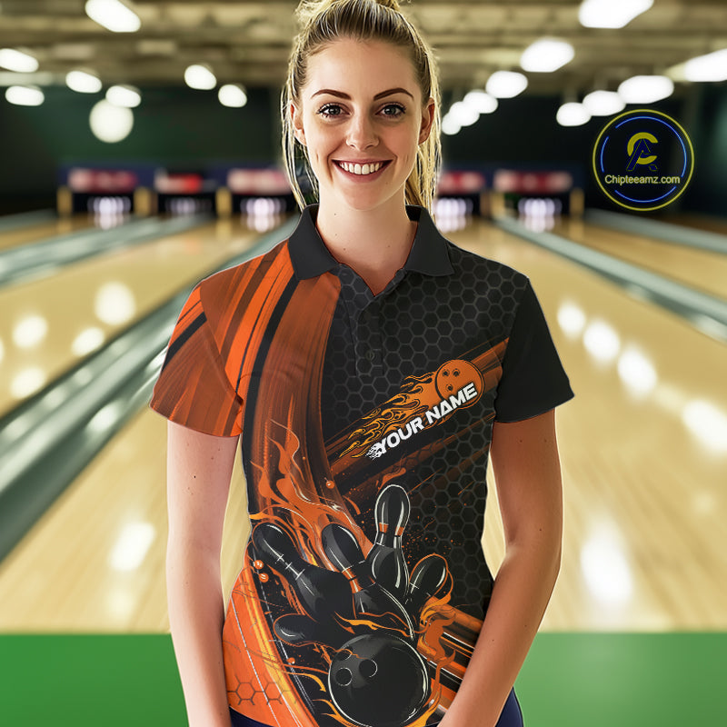 Custom Black And Orange Flame Bowling Jerseys, Bowling Team Polo Shirts