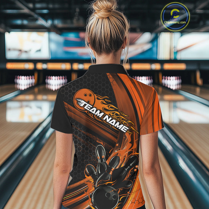 Custom Black And Orange Flame Bowling Jerseys, Bowling Team Polo Shirts