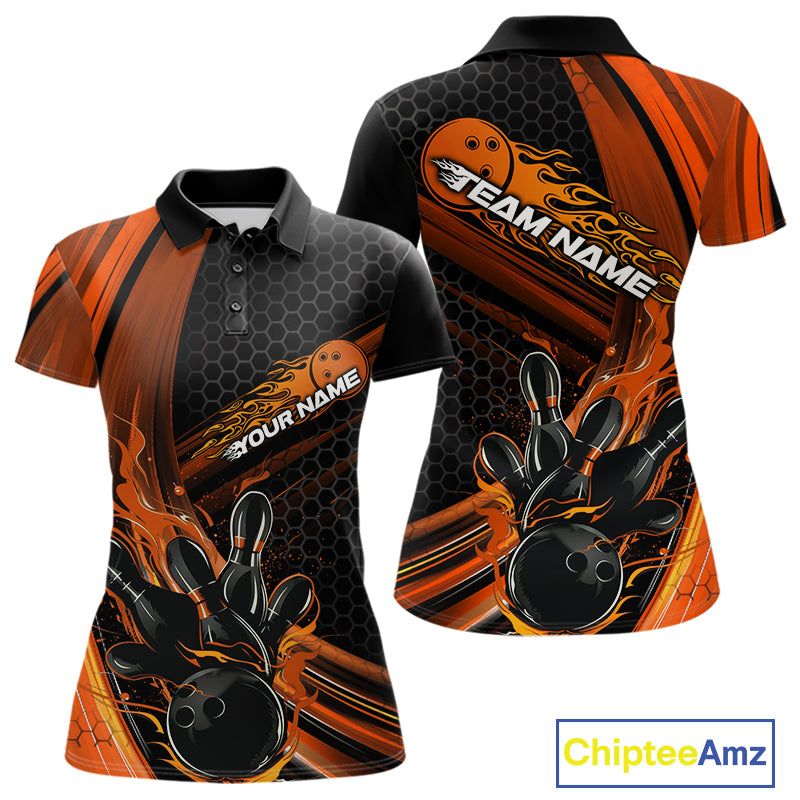 Custom Black And Orange Flame Bowling Jerseys, Bowling Team Polo Shirts
