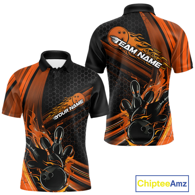 Custom Black And Orange Flame Bowling Jerseys, Bowling Team Polo Shirts