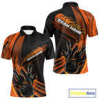Custom Black And Orange Flame Bowling Jerseys, Bowling Team Polo Shirts