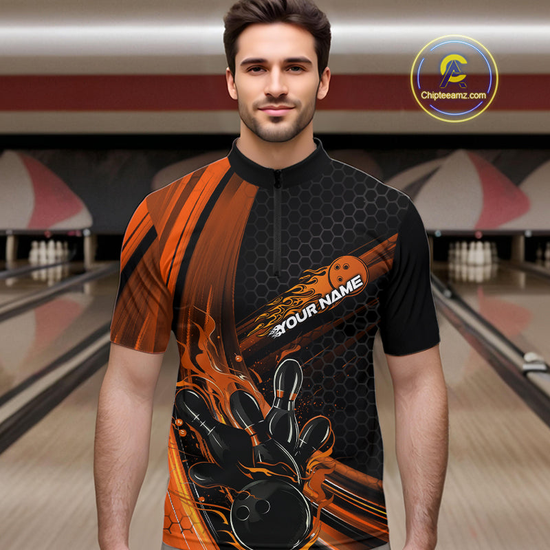 Custom Black And Orange Flame Bowling Jerseys, Bowling Team Quarter-Zip Shirts