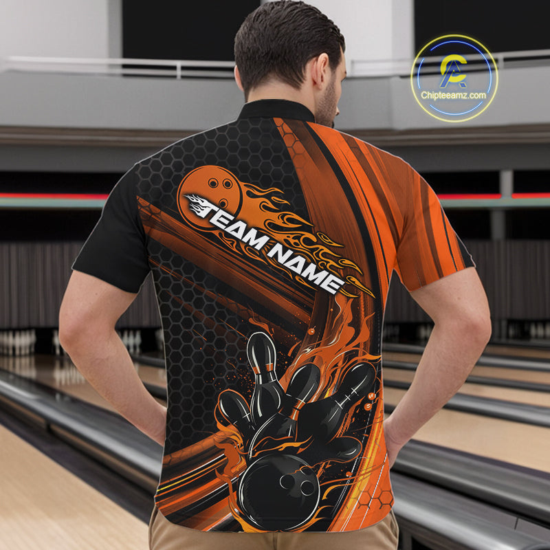 Custom Black And Orange Flame Bowling Jerseys, Bowling Team Quarter-Zip Shirts