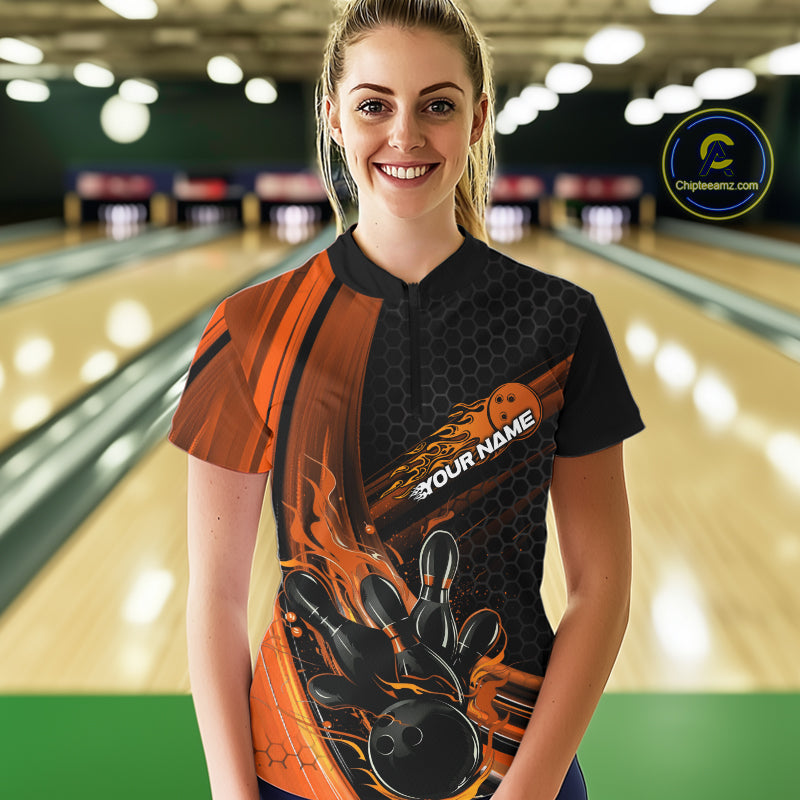 Custom Black And Orange Flame Bowling Jerseys, Bowling Team Quarter-Zip Shirts