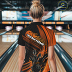 Custom Black And Orange Flame Bowling Jerseys, Bowling Team Quarter-Zip Shirts