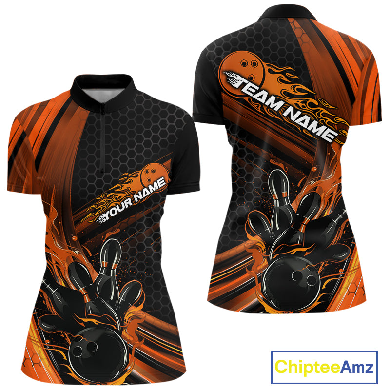Custom Black And Orange Flame Bowling Jerseys, Bowling Team Quarter-Zip Shirts