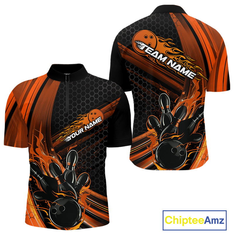 Custom Black And Orange Flame Bowling Jerseys, Bowling Team Quarter-Zip Shirts