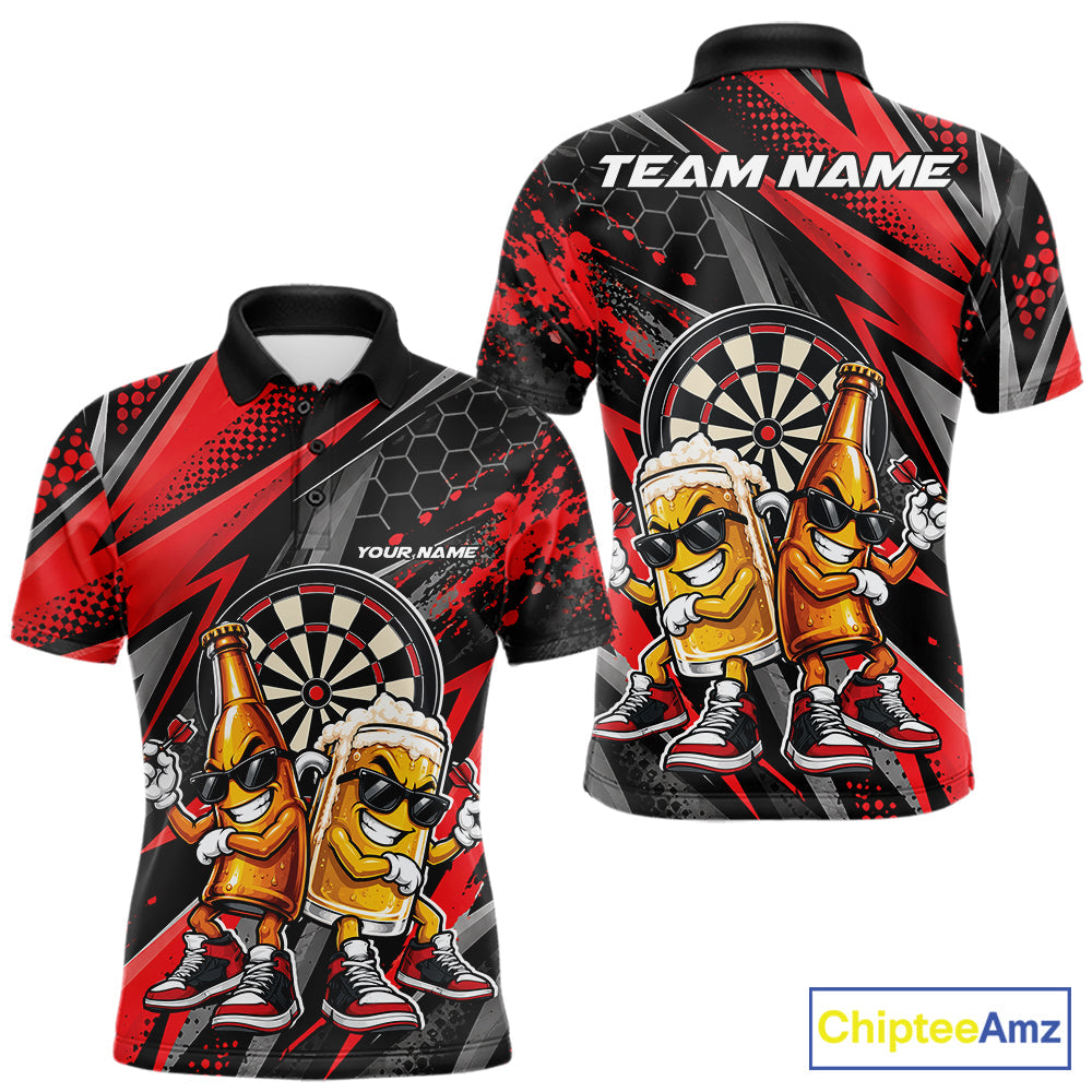 Custom Black And Red Beer Bottle And Beer Pitcher Funny Dart Buddies Polo Shirt