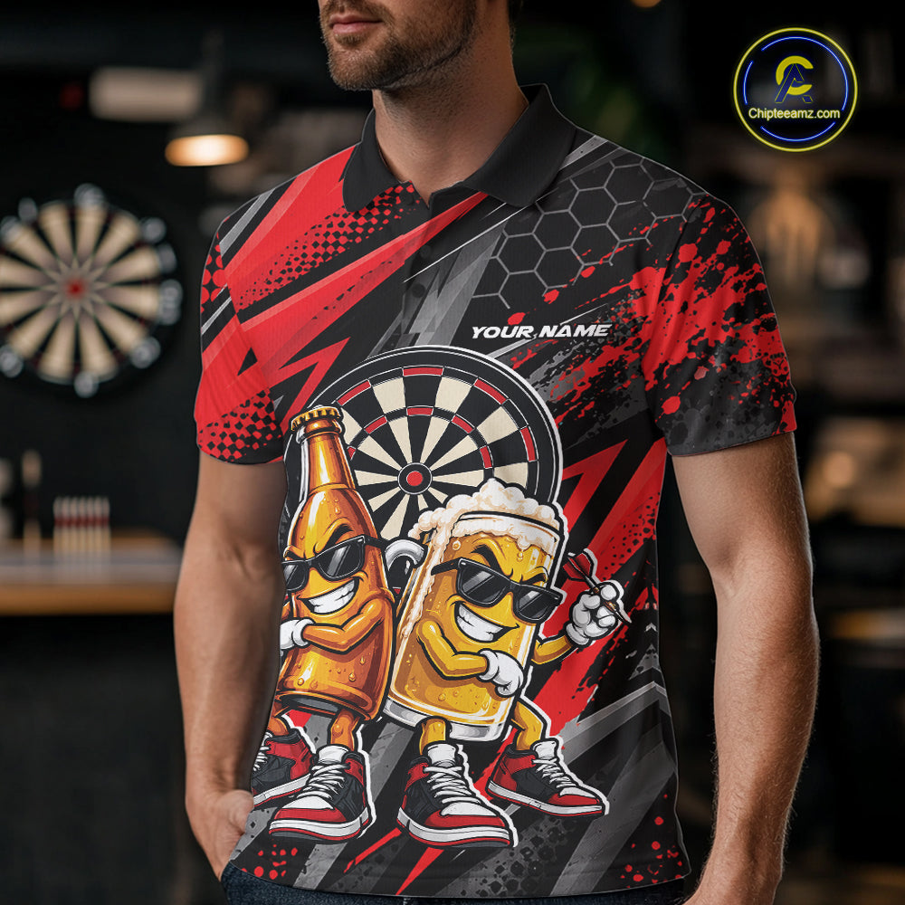 Custom Black And Red Beer Bottle And Beer Pitcher Funny Dart Buddies Polo Shirt