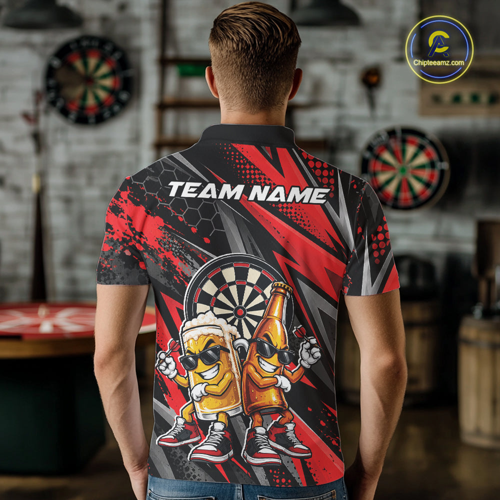 Custom Black And Red Beer Bottle And Beer Pitcher Funny Dart Buddies Polo Shirt