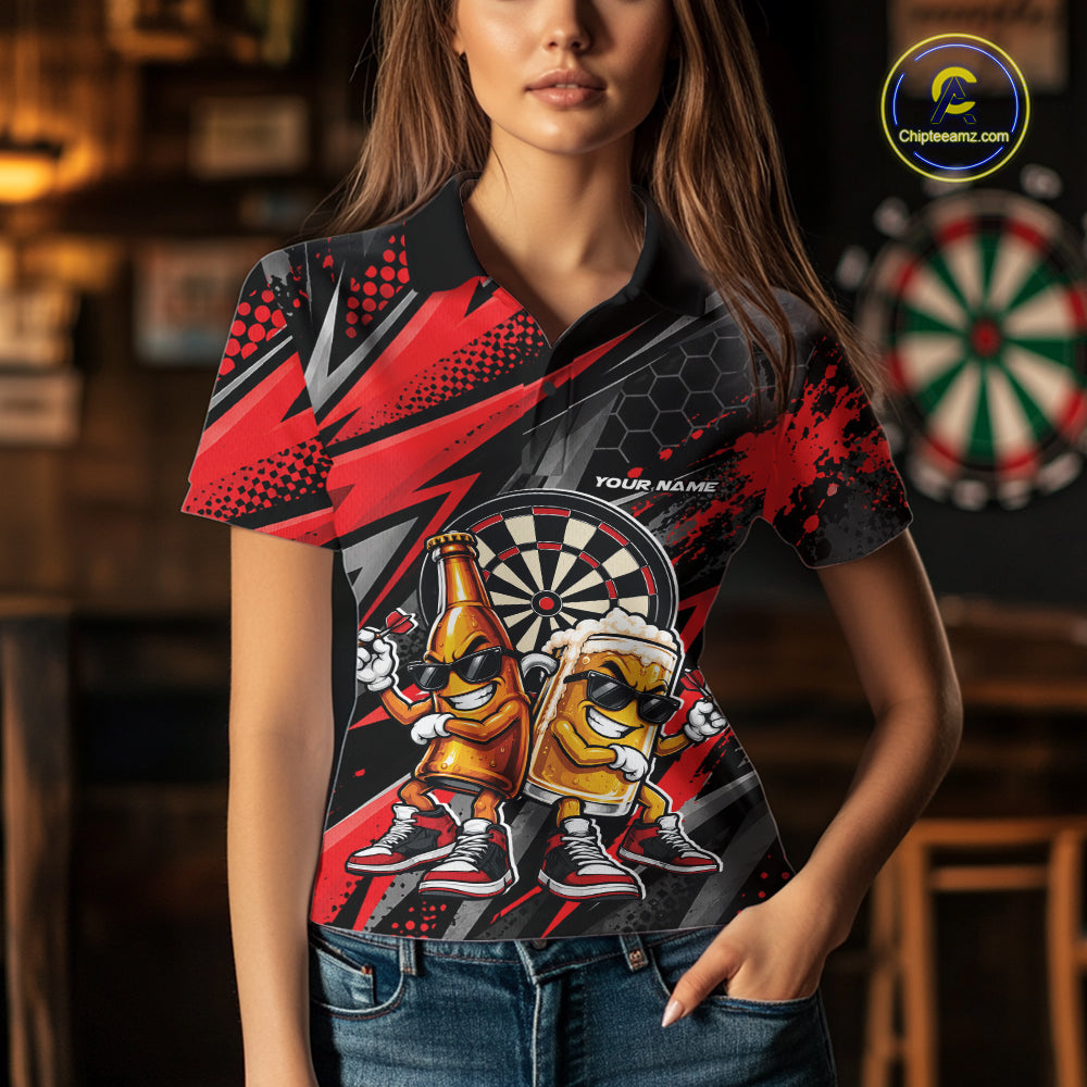 Custom Black And Red Beer Bottle And Beer Pitcher Funny Dart Buddies Polo Shirt