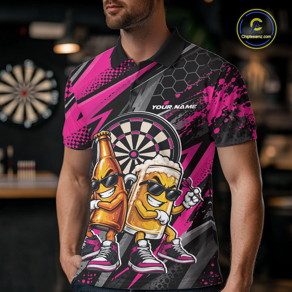 Custom Black And Pink Beer Bottle And Beer Pitcher Funny Dart Buddies Polo Shirt