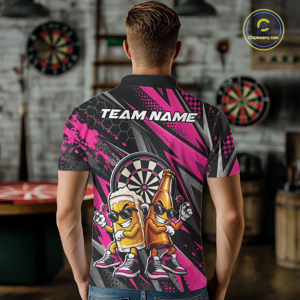 Custom Black And Pink Beer Bottle And Beer Pitcher Funny Dart Buddies Polo Shirt
