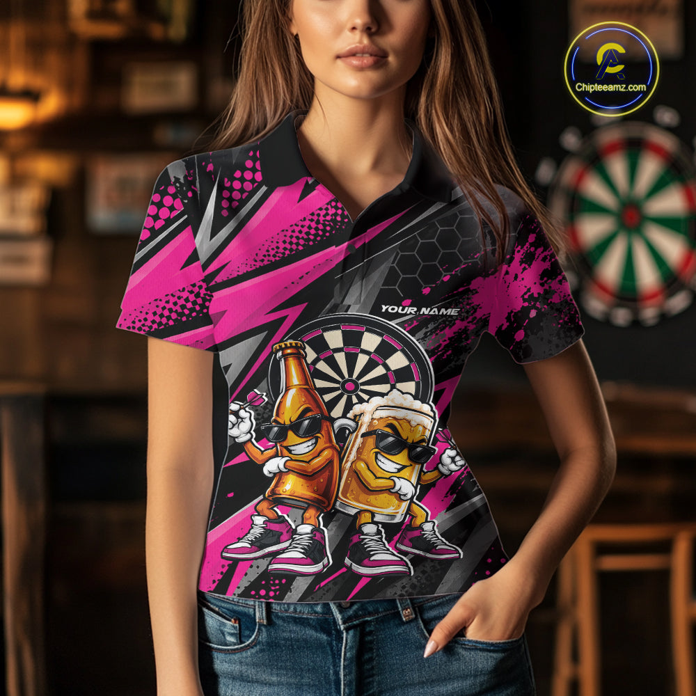 Custom Black And Pink Beer Bottle And Beer Pitcher Funny Dart Buddies Polo Shirt