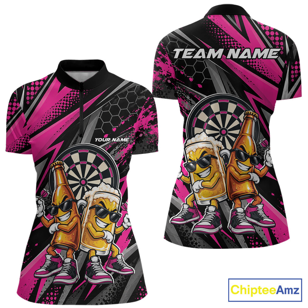 Custom Black And Pink Beer Bottle And Beer Pitcher Funny Dart Buddies Quarter-Zip