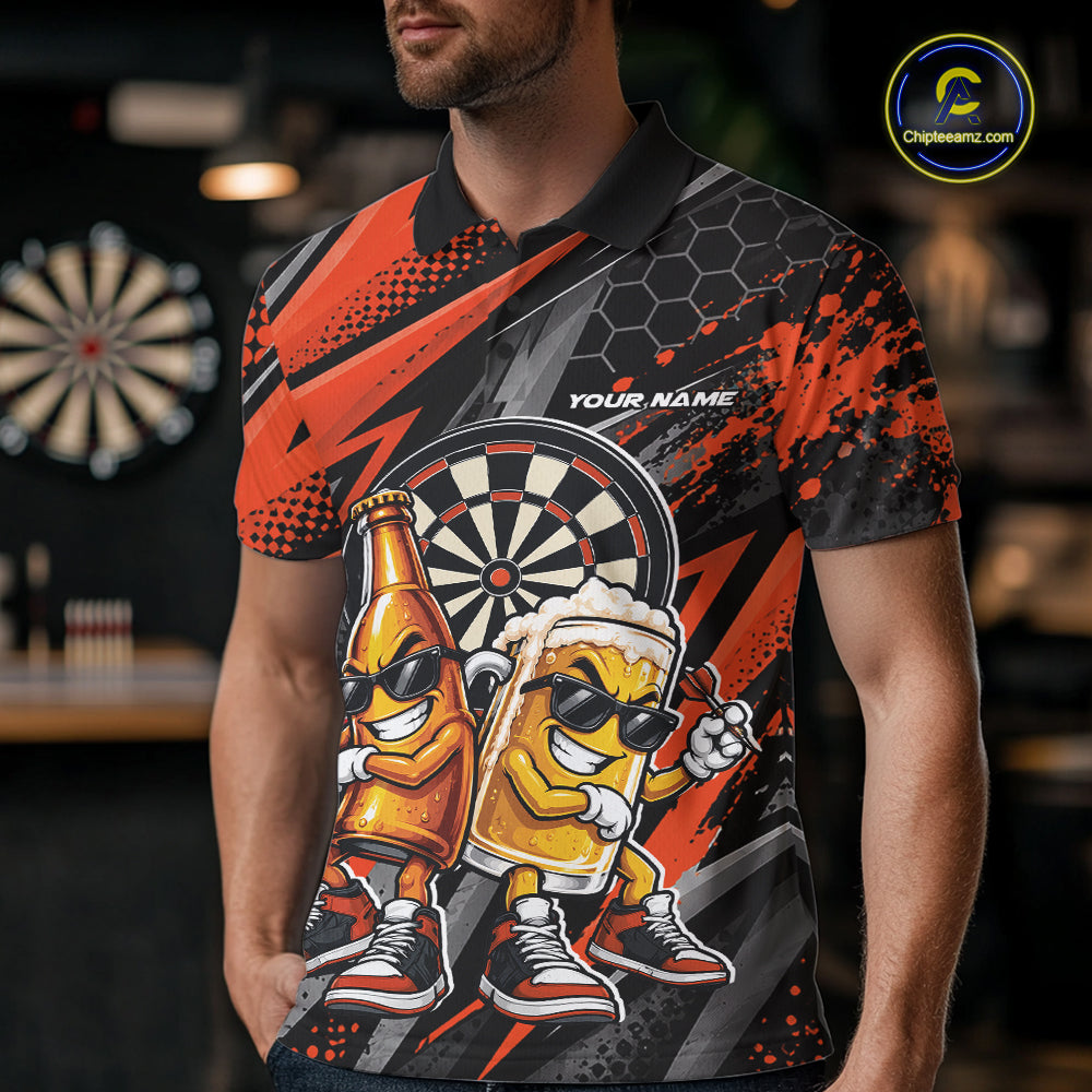 Custom Black And Orange Beer Bottle And Beer Pitcher Funny Dart Buddies Polo Shirt