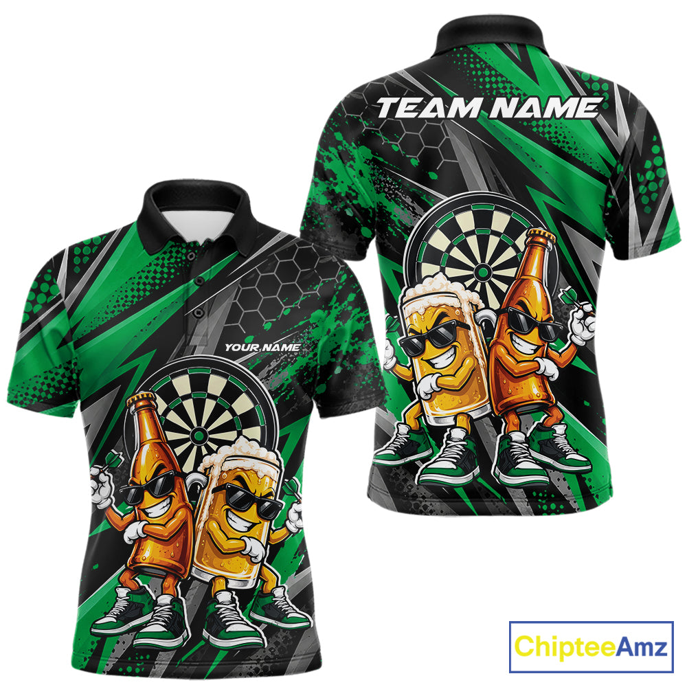 Custom Black And Green Beer Bottle And Beer Pitcher Funny Dart Buddies Polo Shirt