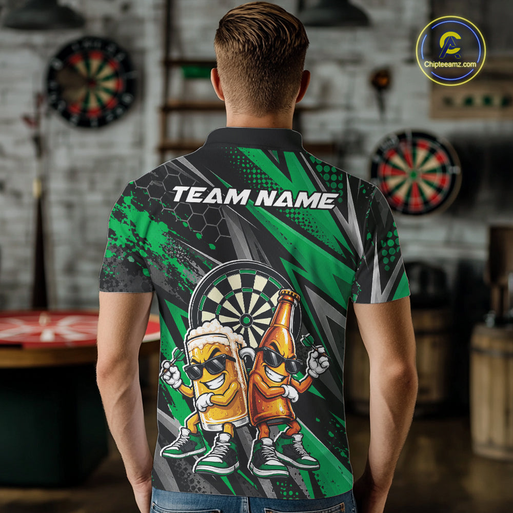 Custom Black And Green Beer Bottle And Beer Pitcher Funny Dart Buddies Polo Shirt