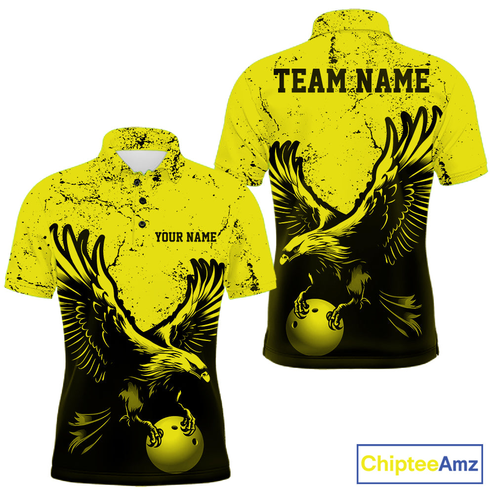 Custom Yellow Eagle Bowling Polo Shirt, Grunge Bowling Jersey Team Uniform