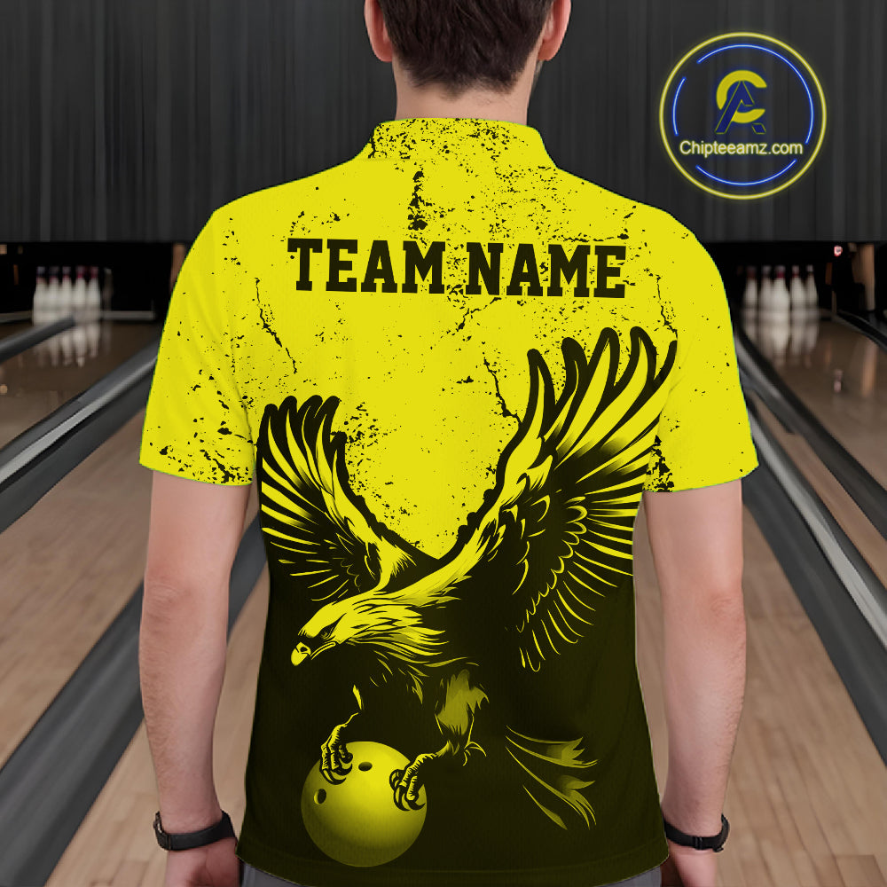Custom Yellow Eagle Bowling Polo Shirt, Grunge Bowling Jersey Team Uniform