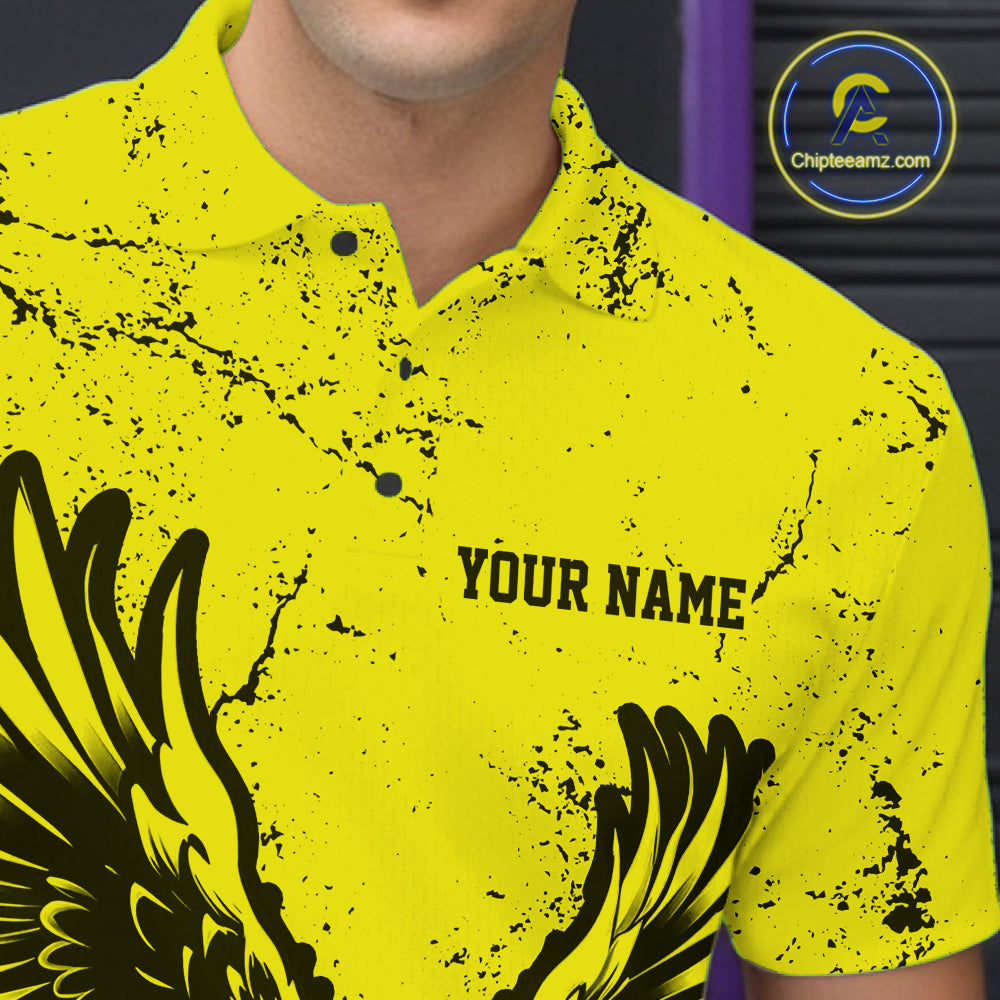 Custom Yellow Eagle Bowling Polo Shirt, Grunge Bowling Jersey Team Uniform