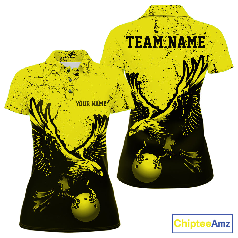 Custom Yellow Eagle Bowling Polo Shirt, Grunge Bowling Jersey Team Uniform
