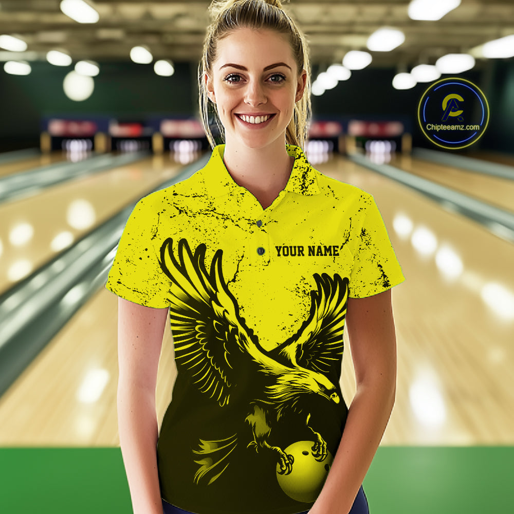 Custom Yellow Eagle Bowling Polo Shirt, Grunge Bowling Jersey Team Uniform