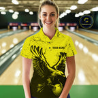 Custom Yellow Eagle Bowling Polo Shirt, Grunge Bowling Jersey Team Uniform