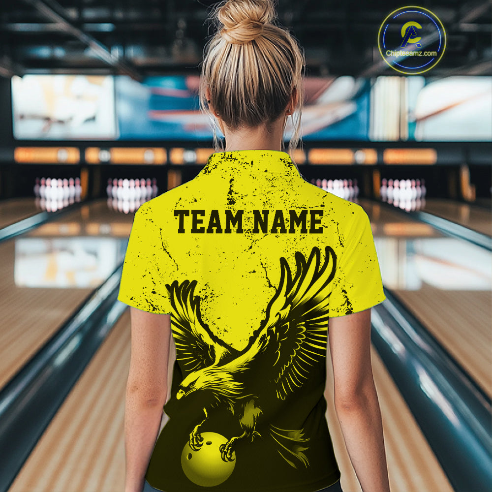 Custom Yellow Eagle Bowling Polo Shirt, Grunge Bowling Jersey Team Uniform
