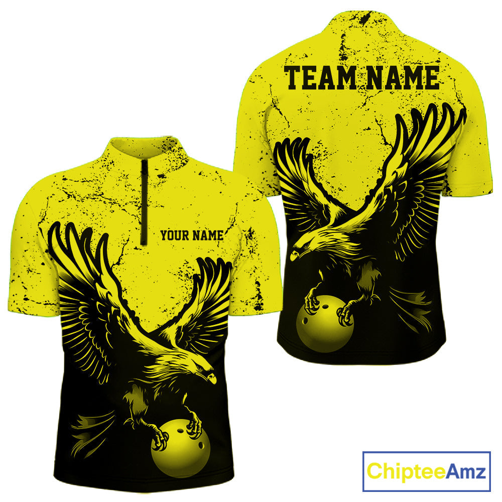 Custom Yellow Eagle Bowling Quarter Zip Shirt, Grunge Bowling Jersey Team Uniform
