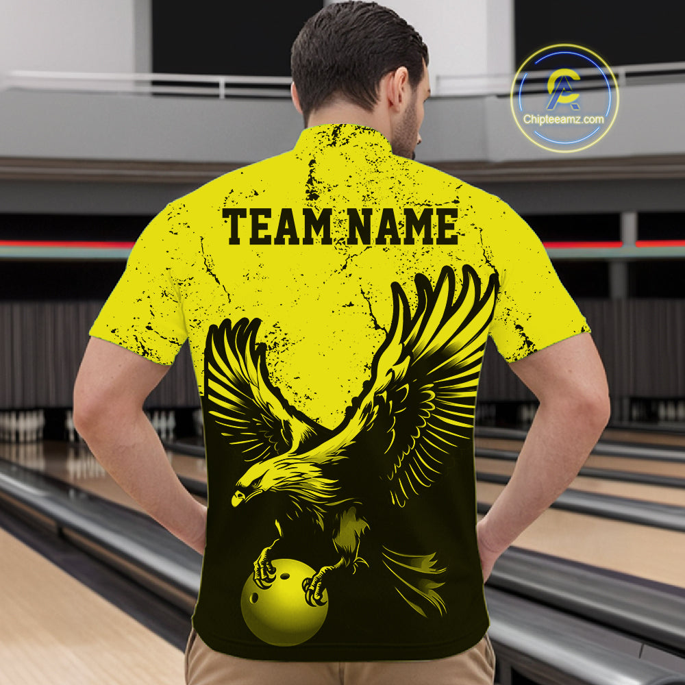 Custom Yellow Eagle Bowling Quarter Zip Shirt, Grunge Bowling Jersey Team Uniform