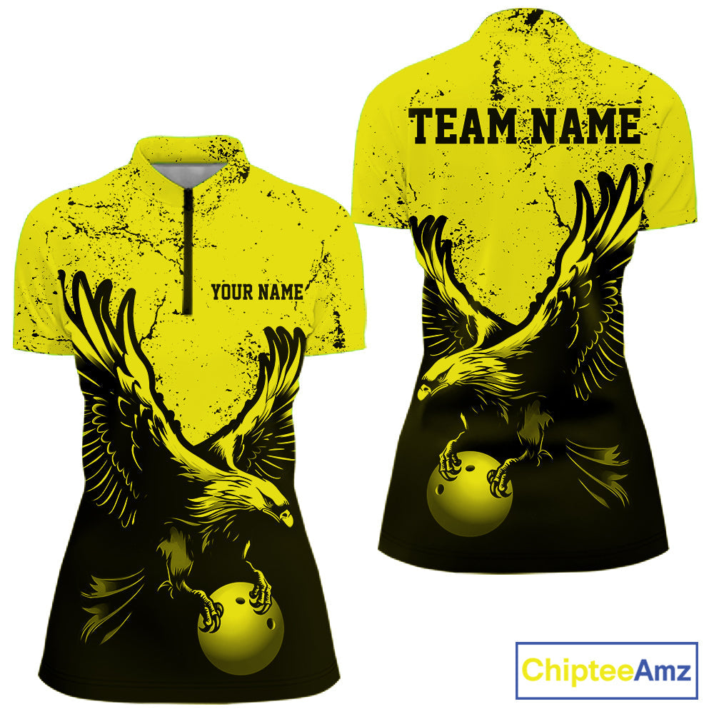 Custom Yellow Eagle Bowling Quarter-Zip Shirt, Grunge Bowling Jersey Team Uniform
