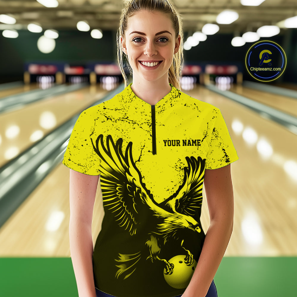 Custom Yellow Eagle Bowling Quarter-Zip Shirt, Grunge Bowling Jersey Team Uniform