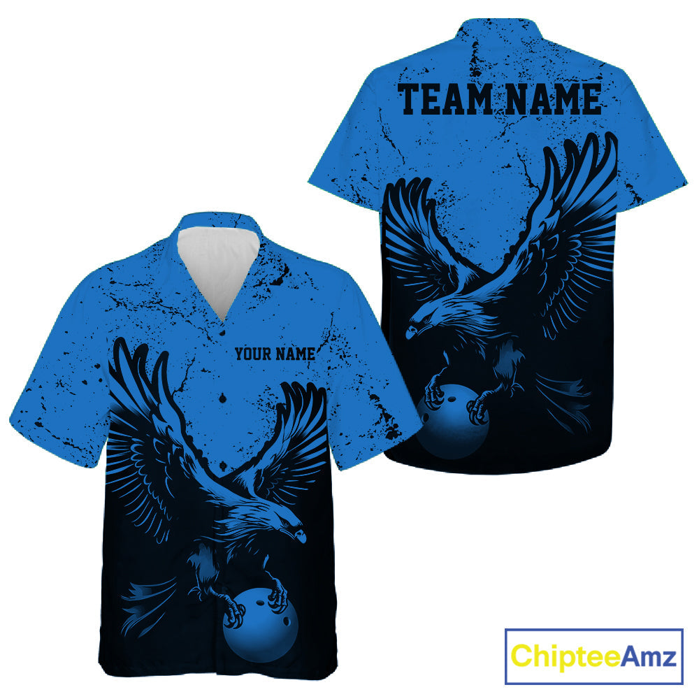Custom Royal Blue Eagle Bowling And Button Up Shirt, Grunge Bowling Jersey Team Uniform