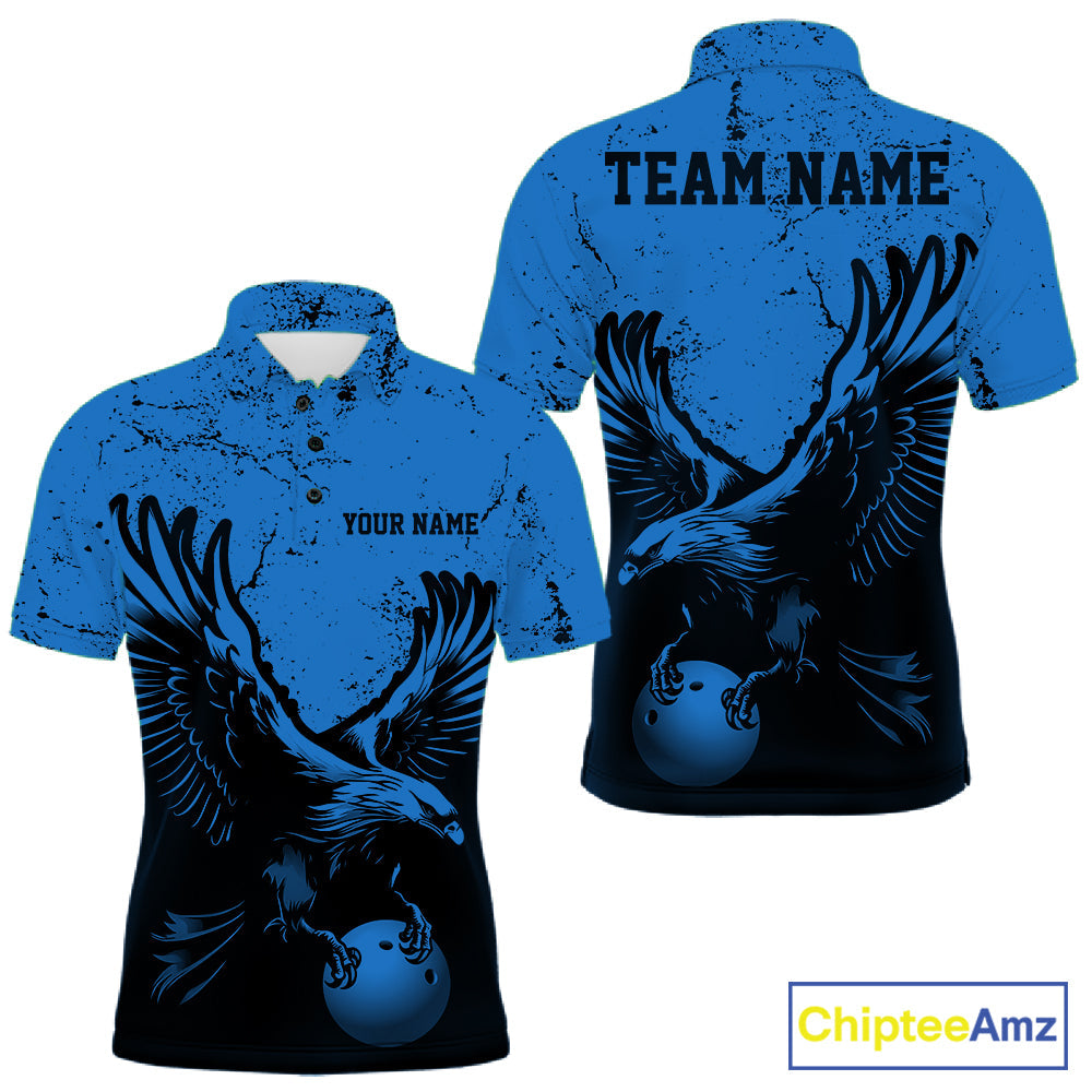 Custom Royal Blue Eagle Bowling Polo Shirt, Grunge Bowling Jersey Team Uniform
