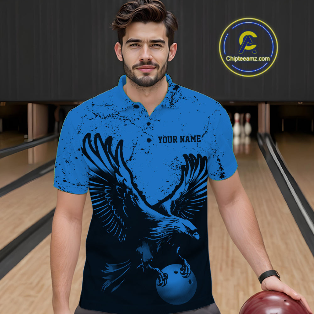 Custom Royal Blue Eagle Bowling Polo Shirt, Grunge Bowling Jersey Team Uniform
