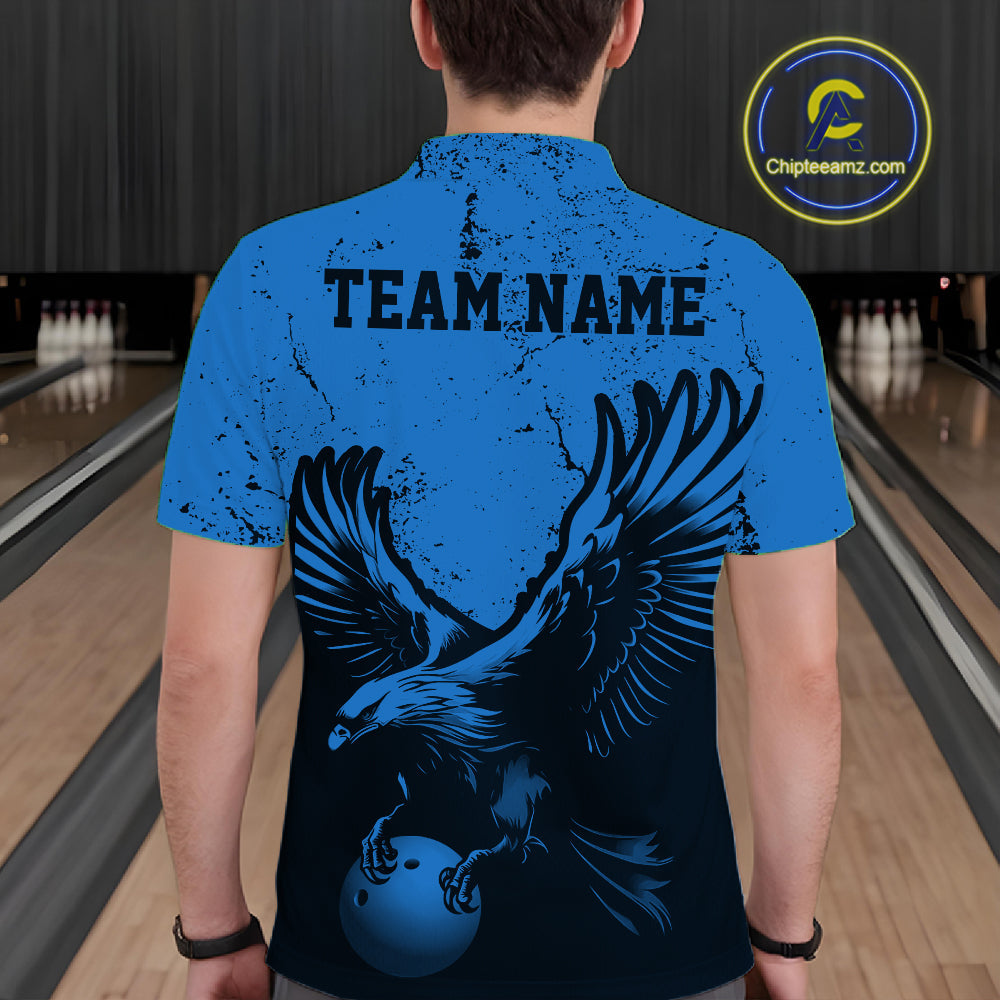 Custom Royal Blue Eagle Bowling Polo Shirt, Grunge Bowling Jersey Team Uniform