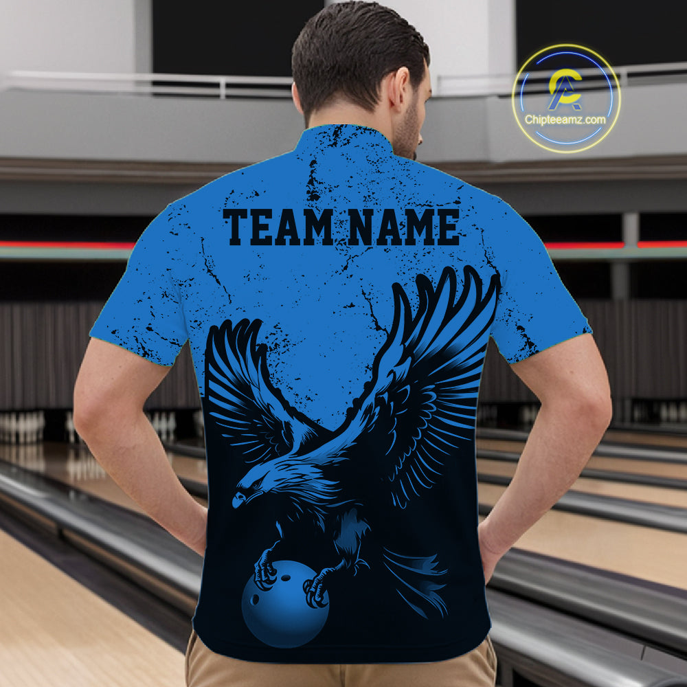 Custom Royal Blue Eagle Bowling Quarter Zip Shirt, Grunge Bowling Jersey Team Uniform