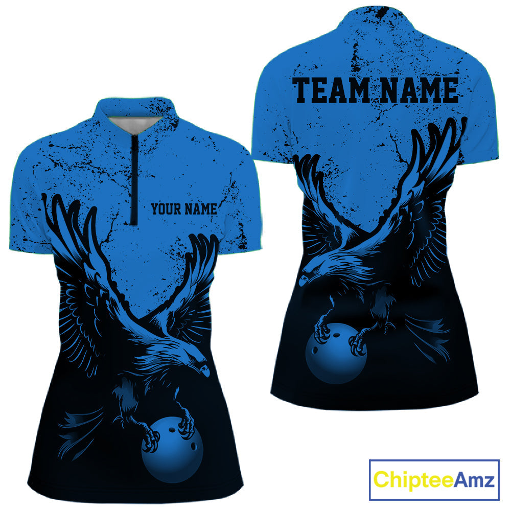 Custom Royal Blue Eagle Bowling Quarter-Zip Shirt, Grunge Bowling Team Jersey
