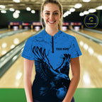 Custom Royal Blue Eagle Bowling Quarter-Zip Shirt, Grunge Bowling Team Jersey