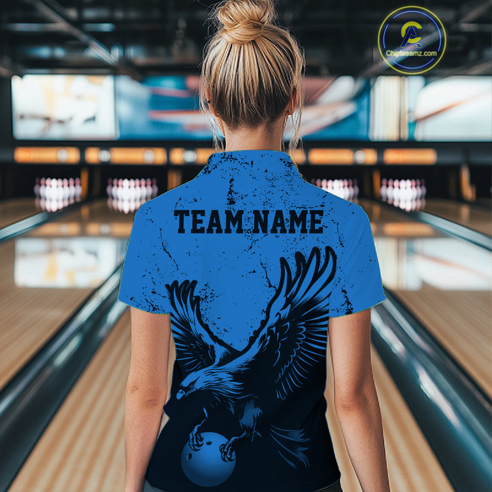 Custom Royal Blue Eagle Bowling Quarter-Zip Shirt, Grunge Bowling Team Jersey