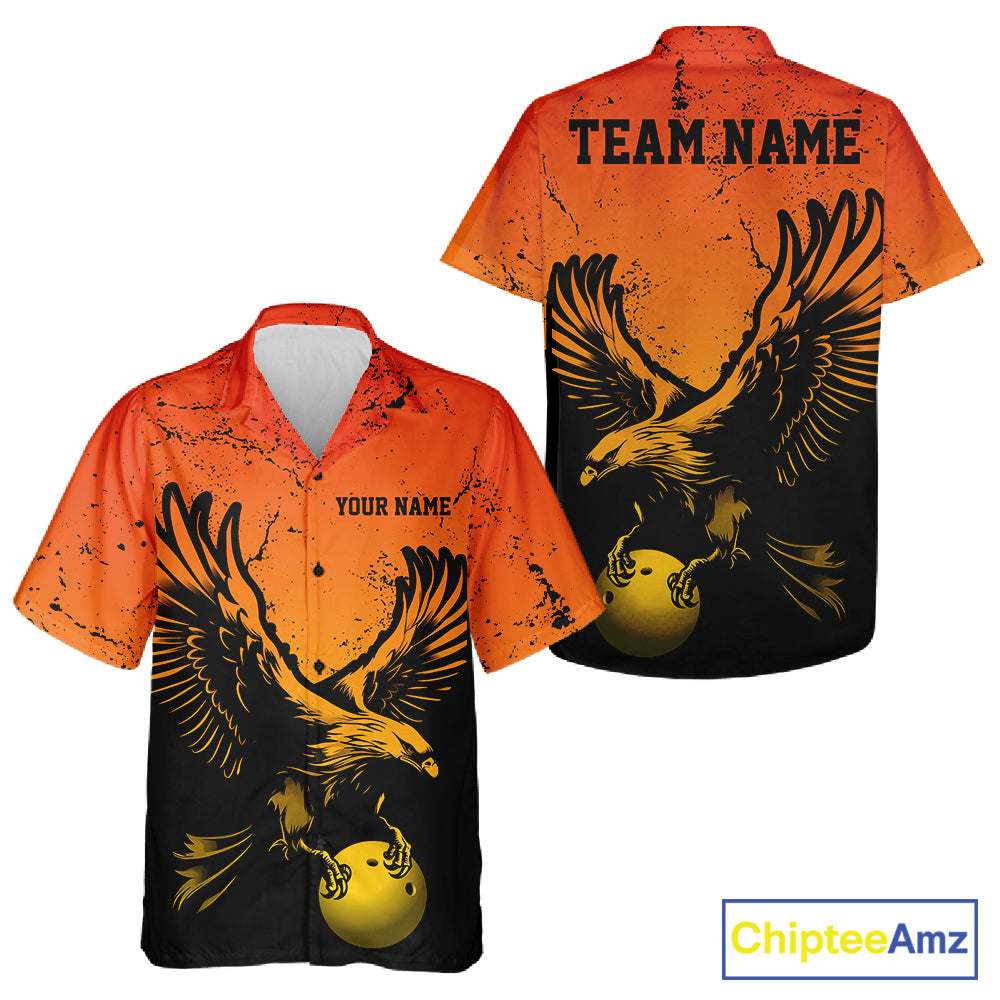Custom Orange And Yellow Eagle Bowling And Button Up, Grunge Bowling Jersey Team Uniform