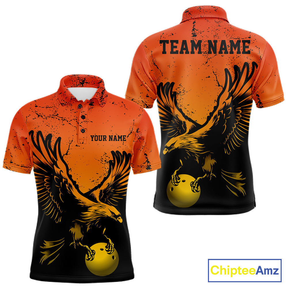 Custom Orange And Yellow Eagle Bowling Polo, Grunge Bowling Jersey Team Uniform