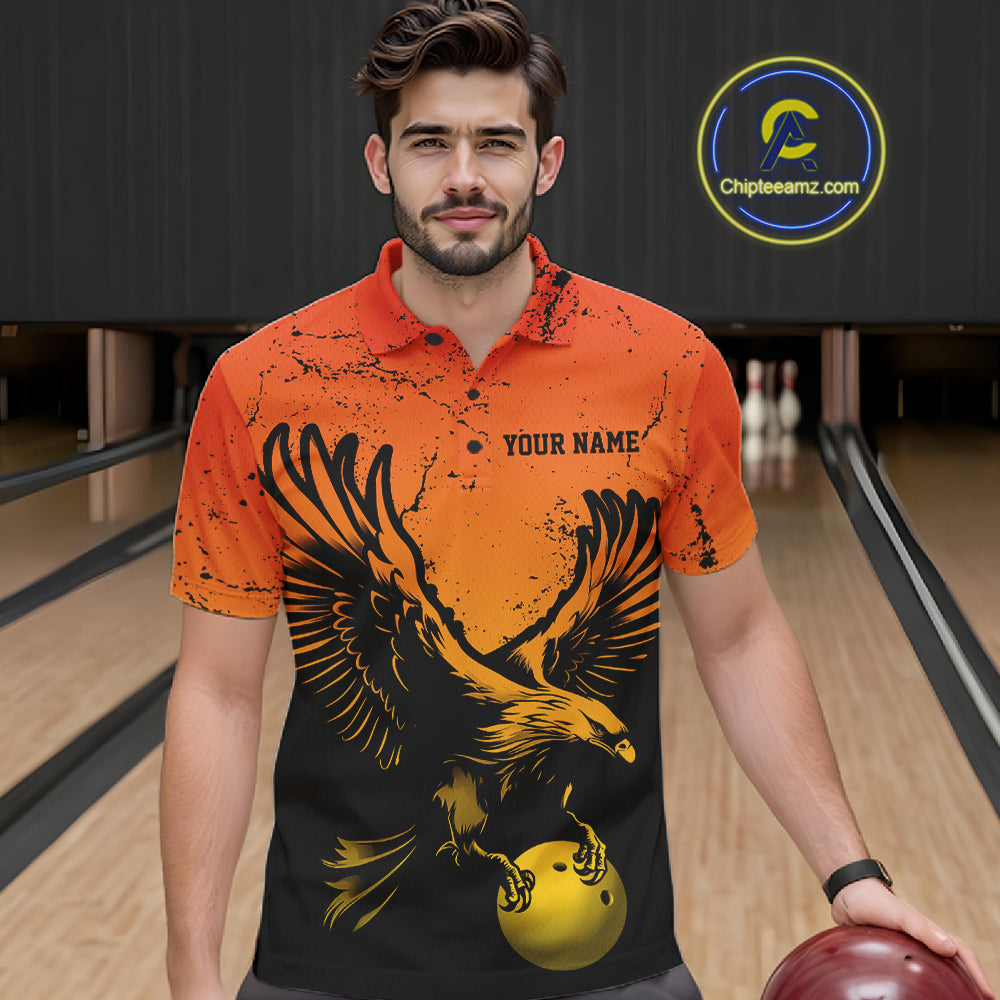 Custom Orange And Yellow Eagle Bowling Polo, Grunge Bowling Jersey Team Uniform